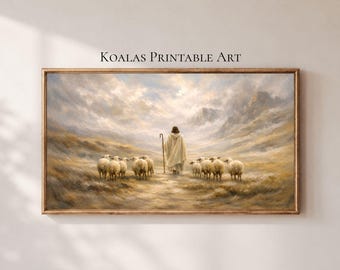 Jesus and the Sheeps Frame TV Art, Bible Christian Wall Art, Good Shepherd, Lamb, Jesus Leaves The 99 Sheep, Samsung Frame TV Art