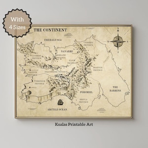 May include: A sepia-toned map print of a fictional continent, with detailed geographical features, provinces, and a compass rose. The map includes text labels and the words "The Continent" and "Koalas Printable Art". Available in four sizes.