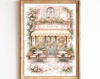 Vintage Floral Cafe Illustration, Chic Floral Cafe Print, Romantic Roses Cottagecore Painting, Parisian Bistro Decor Digital Spring Wall Art