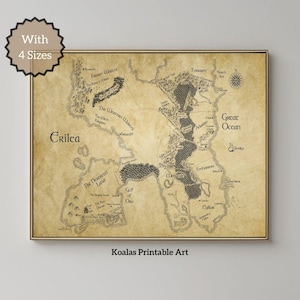 May include: A framed vintage-style map print with the text "Erilea" and various geographical features. The map is in shades of brown and beige, with black text and illustrations. The text "With 4 Sizes" is in a starburst shape. The text "Koalas Printable Art" is at the bottom.