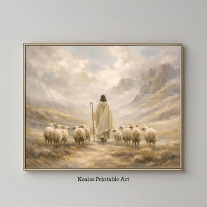 Może przedstawiać: Oprawiony wydruk przedstawia pasterza z laską prowadzącego stado owiec przez pole. Grafika wykonana jest w miękkich odcieniach beżu, brązu i bieli, z zachmurzonym niebem i górami w tle. Tekst "Koalas Printable Art" znajduje się na dole.