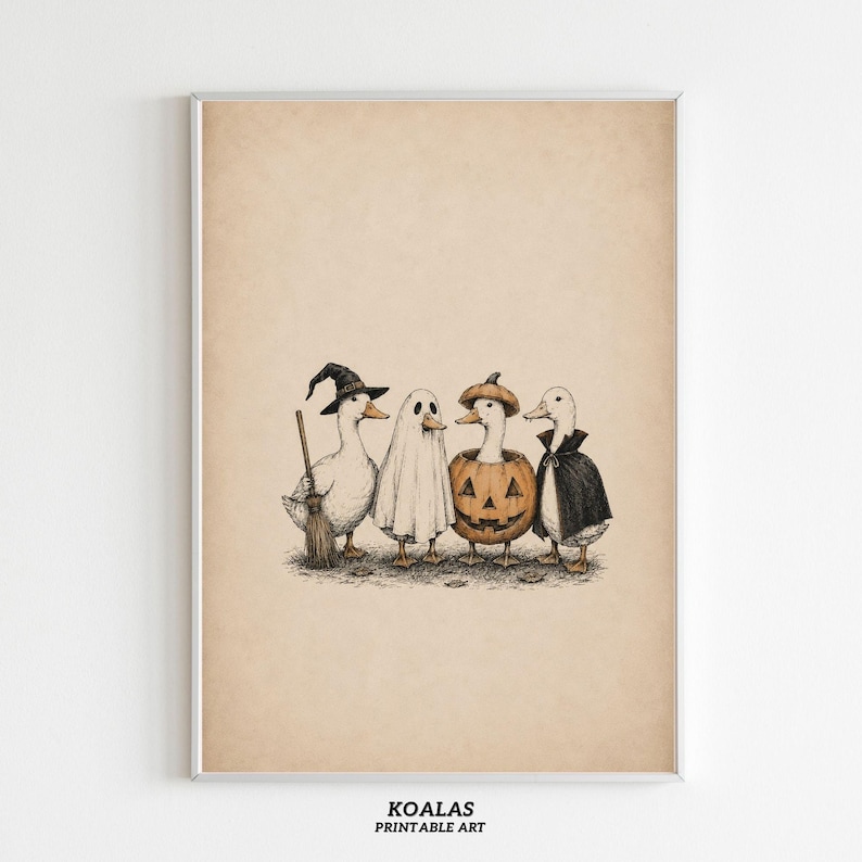 May include: A vertical print featuring four white ducks in Halloween costumes against a beige background. One duck wears a witch hat and holds a broom, one is a ghost, one sits inside a carved pumpkin, and one wears a black vampire cape.