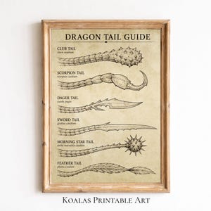 May include: A framed print titled DRAGON TAIL GUIDE featuring six black ink illustrations of different dragon tails labelled as Club Tail, Scorpion Tail, Dager Tail, Sword Tail, Morning Star Tail, and Feather Tail on a textured beige background.