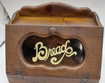 Vtg Wood Bread Box Stencil Design Glass Face Farmhouse Breadbox Cottagecore