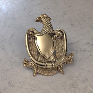 May include: A polished gold-tone brass door knocker shaped like an eagle with spread wings. The eagle holds a smooth, shield-shaped plate in its center, which serves as the striking surface for the hinged, U-shaped handle attached to the bird.