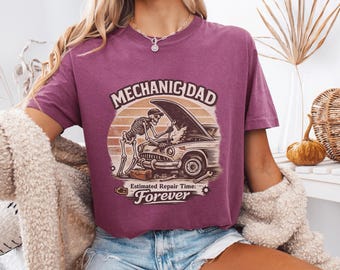 Camiseta Comfort Colors® para papá mecánico, camiseta divertida para mecánicos, camiseta con el lema "Tiempo estimado de reparación para siempre", camiseta retro con estampado para papá aficionado a los coches.