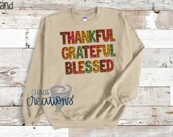 Thankful Grateful Blessed Faux Embroidery/Sequins Sweatshirt