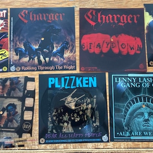 Könnte beinhalten: Sammlung von Schallplattenhüllen mit verschiedenen Designs. Die Hüllen zeigen Comic-Illustrationen, Bandlogos und andere Grafiken. Die Alben stammen von Bands wie Teenage Bottlerocket, Charger, Plizzken und Lenny Lashley's Gang of One.