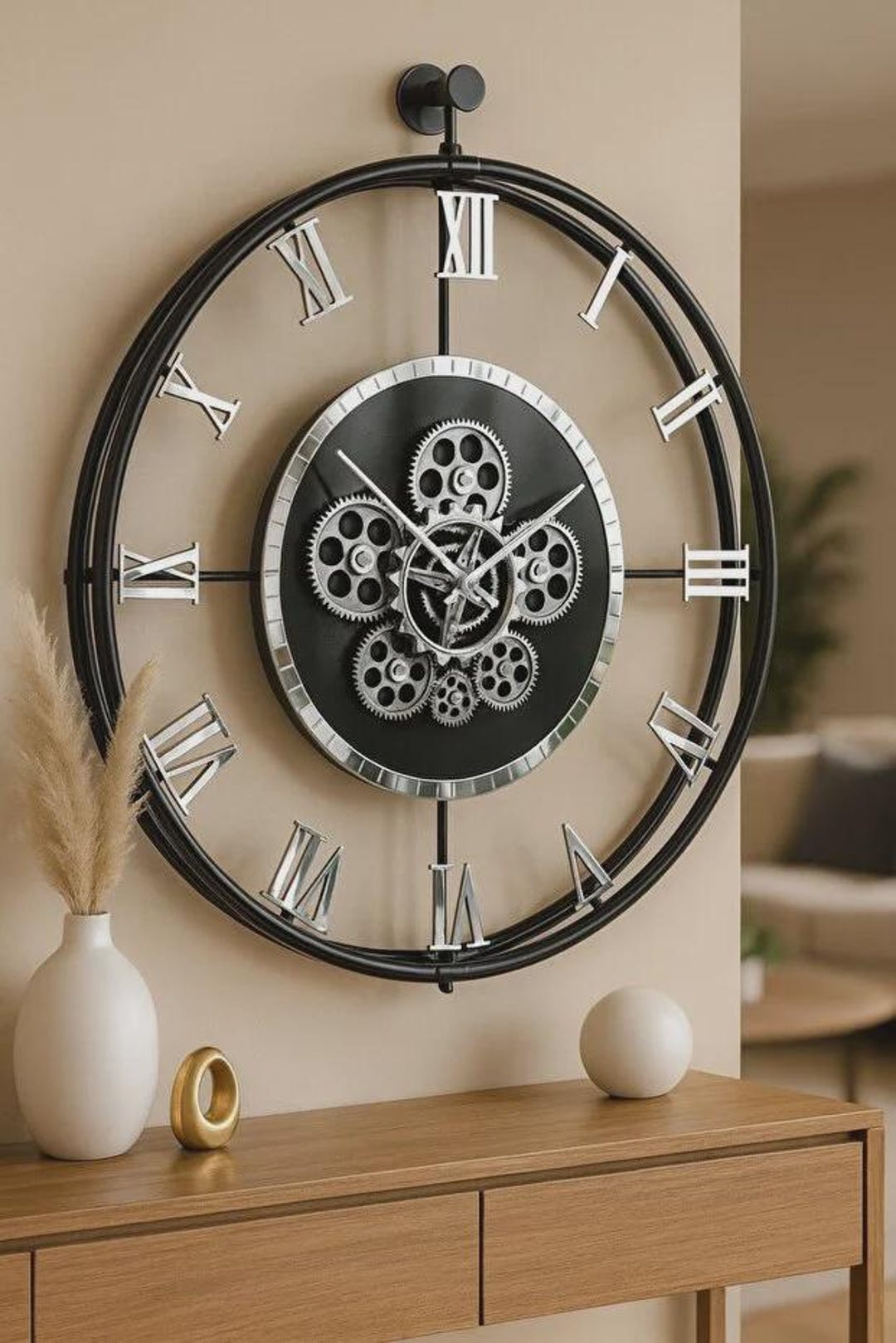 Premium Black Vintage Gear Wall Clock – Industrial Steampunk Metal ...