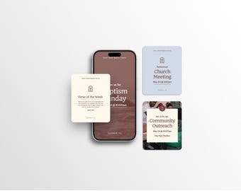 May include: A smartphone displaying a brown graphic with text about Baptism Sunday, accompanied by three square cards featuring church event information including Verse of the Week, a Church Meeting, and a Community Outreach event with dates and times.