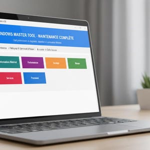 Op de afbeelding: Een zilveren laptop met een software-interface met de tekst "WINDOWS MASTER TOOL - MAINTENANCE COMPLETE". Het scherm toont gekleurde knoppen met systeemfunctielabels. Een draadloze muis en kleine potplanten staan op het houten bureau.