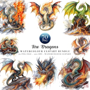Fire Dragon Watercolour Clipart Bundle, Fantasy PNG, Flame Dragon Art, Sublimation Design, DRG001