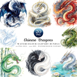Chinese Dragon Clipart PNG, Watercolour Mythical Dragon Illustrations (20 PNGs)