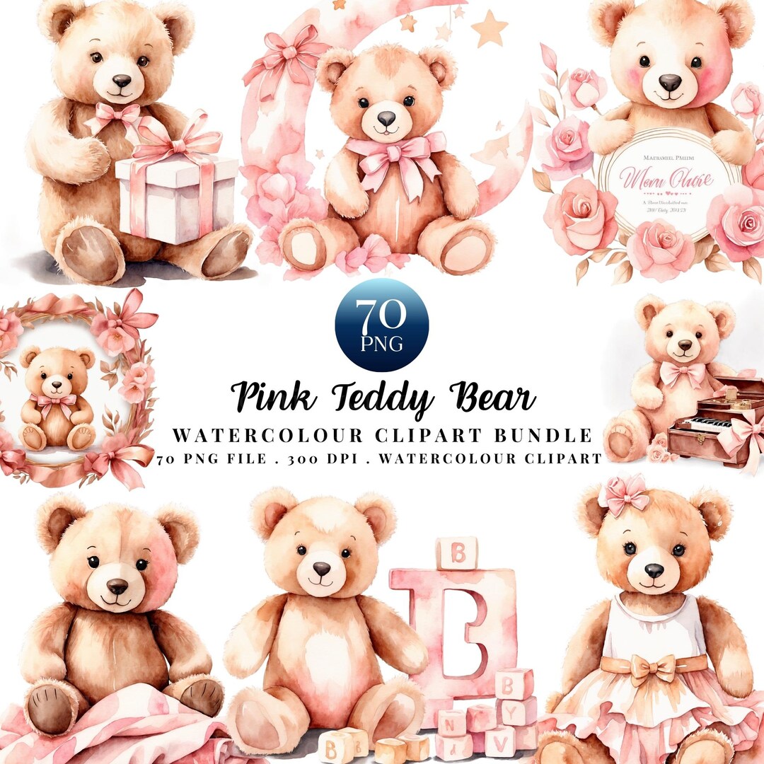 Pink Teddy Bear Watercolor Clipart Bundle PNG, Baby Girl Nursery ...