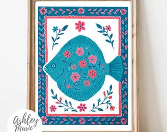Floral Flounder Print | Coastal Folk Art | Beach House Decor | Colorful Fish Print