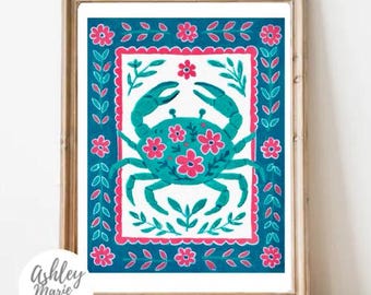 Floral Blue Crab Print | Coastal Folk Art | Colorful Wall Art | Beach House Decor