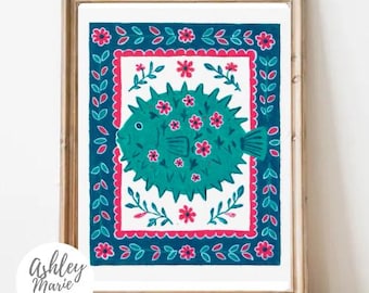 Floral Pufferfish Print | Coastal Folk Art | Colorful Beach House Decor | Coastal Cottage | Ocean Animal