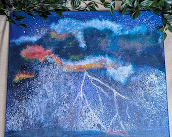 Original Storm Seascape Acrylic Painting – Abstract Lightning Ocean Art