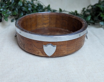 Vintage English Oak Fruit Bowl with Chrome Trim & Lion Head Handles | Mid Century Home Decor