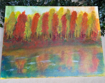 Autumn Woodland Reflection: Original Acrylic Landscape Painting on Canvas by Anna Lisa