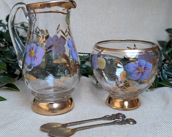 Vintage Romanian Glass Jug and Sugar Bowl Set, Gold Trim Floral Design