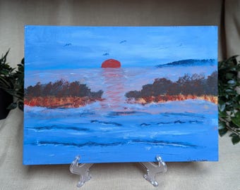 Original Seascape Acrylic Painting - Red Sunset Over Blue Sea, Coastal Wall Art