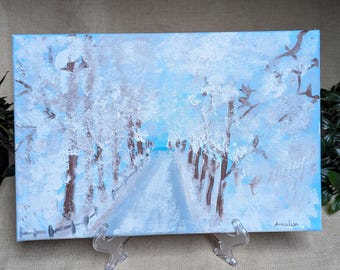 Snowy Winter Forest Road: Original Acrylic Landscape Painting on Canvas by Anna Lisa