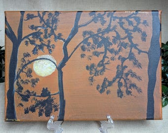 Moonlit Cat Acrylic Painting: Silhouette Night Landscape Artwork