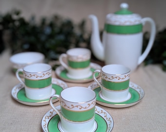 Vintage Foley China Coffee Set | Green & Gold English Bone China | Cups Saucers Teapot | Mid Century Tea Set
