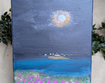 Moonlit Coastal Flowers: Original Acrylic Landscape Painting on Canvas by Anna Lisa