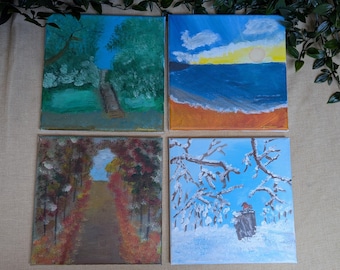 Four Seasons Acrylic Painting Set – Original Landscape Miniatures, Signed