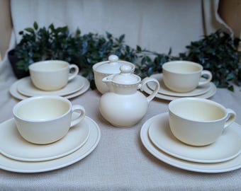 Vintage Dansk Cream Stoneware Tea Set | 4 Cups, Saucers, Plates, Jug & Bowl | 1990s Danish Dinnerware