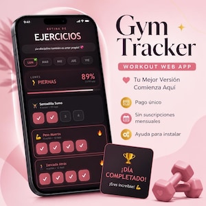 Op de afbeelding: Een smartphone met een donkergekleurde workout-web-app genaamd Gym Tracker. Het scherm toont trainingsschema's, voortgangsbalken en vinkjes. Naast de telefoon ligt een vierkante kaart met de tekst ¡DÍA COMPLETADO! en een paar roze dumbbells.