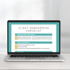 May include: A laptop and tablet displaying checklists. The laptop screen reads "Client Onboarding Checklist" with sections for sending documents and legal information. The tablet shows "Become a Freelancer Checklist". Both screens have a teal and white color scheme.