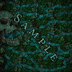 May include: A detailed fantasy map featuring a skull, winding rivers, and lush green vegetation. The map has a grid pattern and the word "SAMPLE" is printed diagonally across the image. The color palette includes shades of green, blue, and gray.