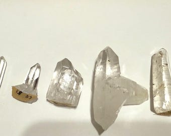 May include: Six clear quartz crystal points of varying sizes are arranged on a white surface. Some crystals have a natural, rough texture, while others are polished. Small labels are attached to the base of some crystals.