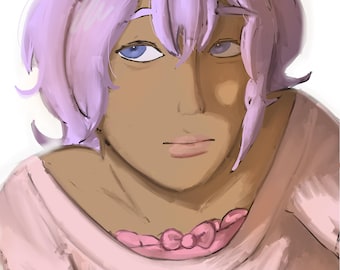Könnte beinhalten: Eine digitale Illustration einer Person mit kurzem, hellviolettem Haar, die ein dunkles Diadem mit einem zentralen Sternakzent trägt. Die Person hat blaue Augen und trägt ein hellrosa Hemd mit einer kleinen rosa Schleife am Ausschnitt. Text lautet hickoryslullaby.