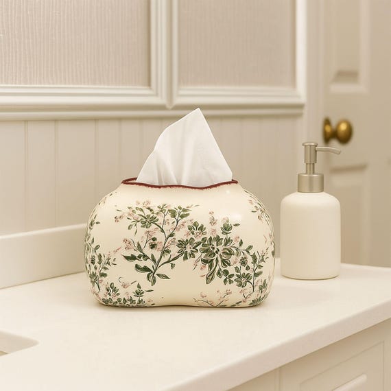Floral Ceramic Tissue Box Cover, Vintage Tissue Holder, Floral Home Decor for Living Room or Bathroom,  Elegant Home Accents