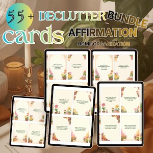 Könnte beinhalten: Ein Bundle digitaler Entrümpelungs-Affirmationskarten, die auf Tablets angezeigt werden. Die Karten zeigen Blumenillustrationen und Textaufforderungen zur Organisation des Zuhauses. Die Wörter "Declutter Bundle", "Affirmation" und "Home Organization" sind sichtbar.