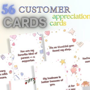 Könnte beinhalten: Ein Set von 56 Kunden-Dankeskarten. Die Karten haben einen weißen Hintergrund mit farbenfrohen Illustrationen von Herzen, Sternen und Geschenken. Jede Karte enthält eine einzigartige Dankesbotschaft, wie z. B. "Du bist meine Lieblingsart von Person - ein Unterstützer".