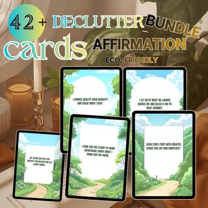 Könnte beinhalten: Eine Sammlung digitaler Affirmationskarten zum Entrümpeln, mit Illustrationen zum Thema Natur und inspirierenden Zitaten. Die Karten werden auf Tablets angezeigt, mit dem Text "42+ Declutter Bundle Cards Affirmation Eco-Friendly."