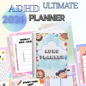 Könnte beinhalten: ADHS Ultimate 2026 Planer. Der Planer hat ein weißes Cover mit den Worten "ADHS PLANNER" in einem Wolkendesign, umgeben von Cartoon-Illustrationen. Zusätzliche Seiten enthalten einen Wochenplan und eine Studienaufgabenliste.