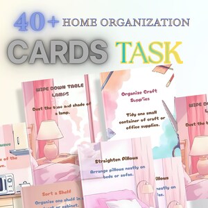 Könnte beinhalten: Eine Sammlung von illustrierten Karten mit Aufgaben zur Organisation des Hauses. Die Karten zeigen Texte wie "Tischlampen abwischen" und "Bastelbedarf organisieren". Der Titel lautet "40+ Home Organization Cards Task."