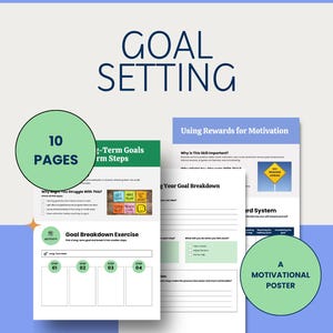 Puede incluir: Un PDF imprimible con el título "Goal Setting" y "Executive Functioning". El documento incluye 10 páginas y un póster motivacional. Las páginas presentan ejercicios para desglosar metas y usar recompensas para la motivación.