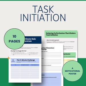 May include: A motivational poster and worksheets on executive functioning, task initiation, and reducing perfectionism. The design includes the text "Executive Functioning" and "Task Initiation". The worksheets include the 5-Minute Challenge and the 5-minute rule.