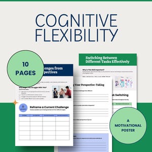 May include: A printable PDF document titled "Executive Functioning" with the words "Cognitive Flexibility" in large letters. The document includes 10 pages and a motivational poster. The text includes "Switching Between Different Tasks Effectively."