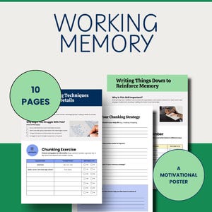 Könnte beinhalten: Ein druckbares PDF-Dokument mit dem Titel „Arbeitsgedächtnis“ mit dem Text „Exekutive Funktionen“. Das Dokument enthält 10 Seiten und ein Motivationsposter. Die Seiten enthalten Übungen und Strategien zur Verbesserung des Gedächtnisses und der Konzentration.