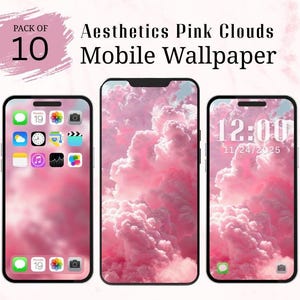 May include: Three smartphones displaying a pink cloud aesthetic wallpaper. The phones show different app layouts and a clock display. The text "Pack of 10" and "Aesthetics Pink Clouds Mobile Wallpaper" are visible in the image.