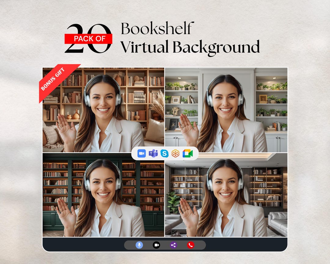 20 Bookshelf Virtual Backgrounds for Zoom Meeting Video Calling, Modern ...