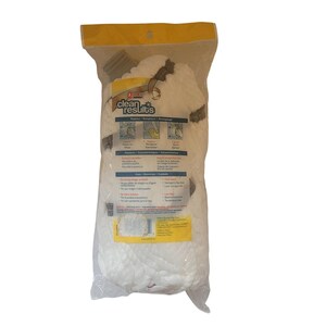 May include: A package of white mop refills with brown accents. The clear plastic bag has a yellow top and features the text "Clean Results" along with cleaning instructions. The package contains multiple mop heads.